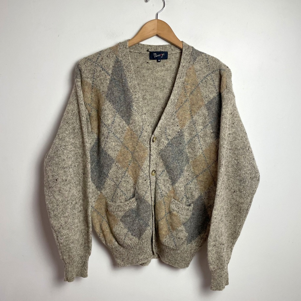 Vintage Argyle Wool Cardigan Sweater Medium Grey V-Neck Grandpa Preppy Academia